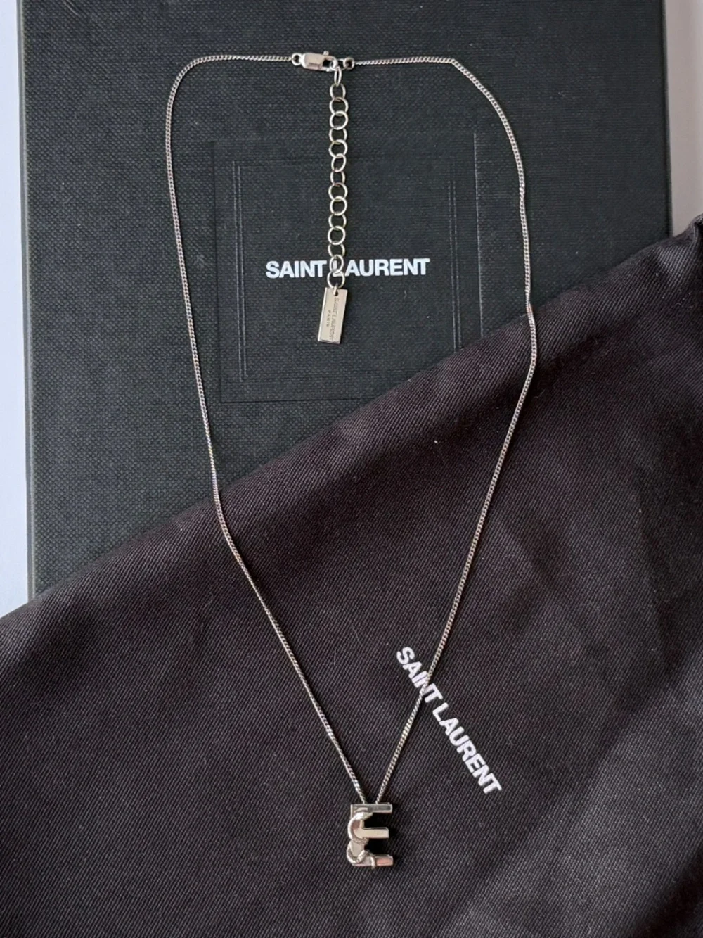 Saint Laurent YSL Sterling Silver E Initial Letter Snake Pendant Chain Necklace